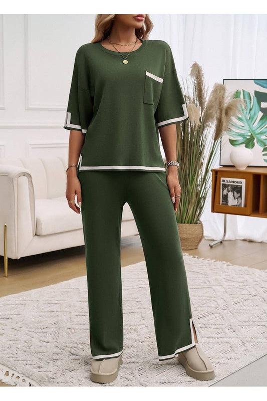 CWSTB0963_Color Matching Short Sleeved Top Pants Knit Set
