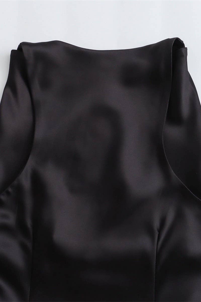 CWDMD4173_ROUND NECK SLEEVELESS BLACK SATIN DRESS