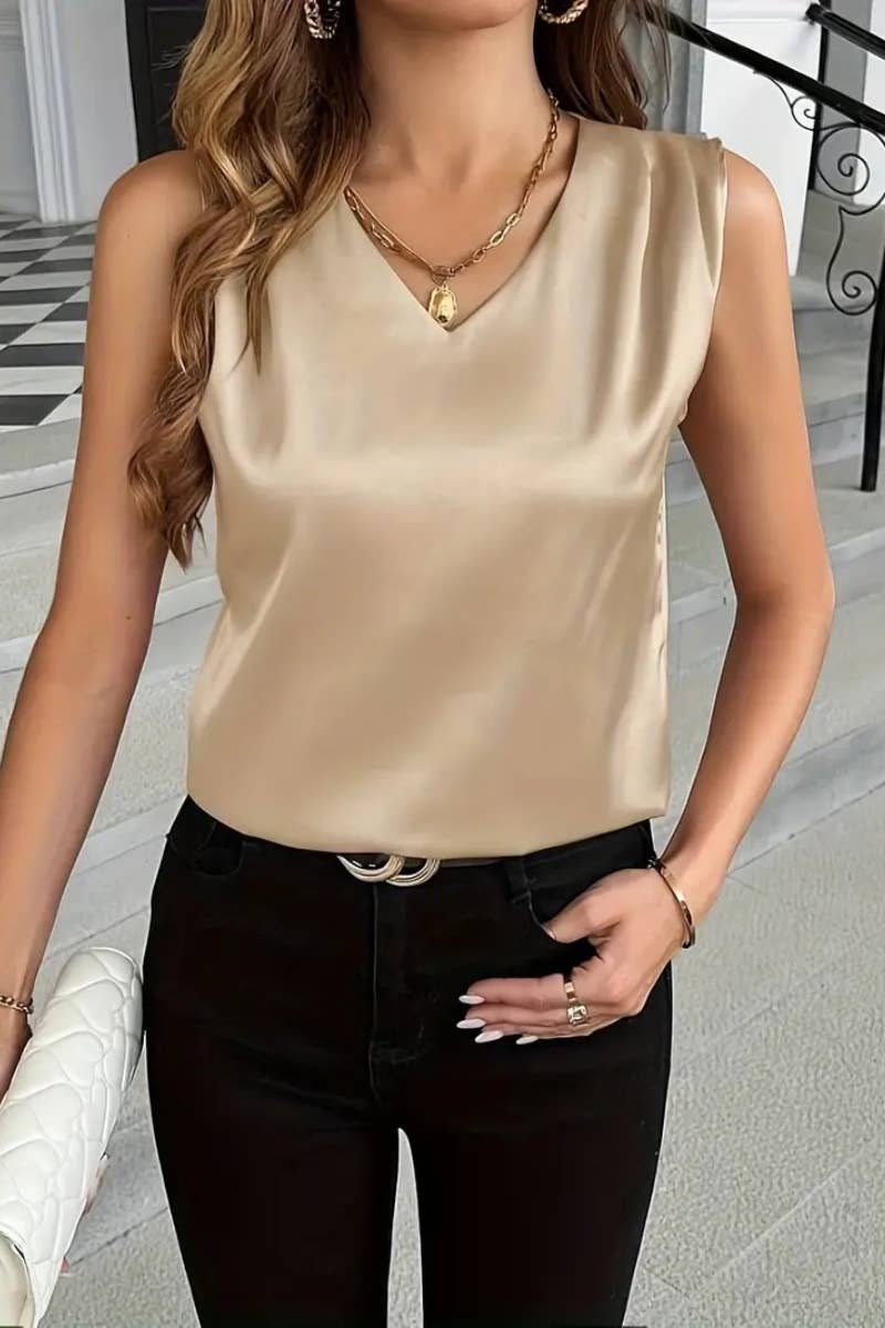 CWTBLSL0307_V-NECK SLEEVELESS VEST TOP FOR WOMEN