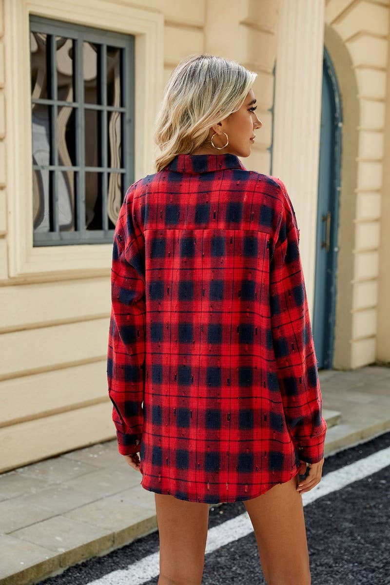 CWTSTL2063_CROCHET LONG-SLEEVED LOOSE LAPEL PLAID SHIRT