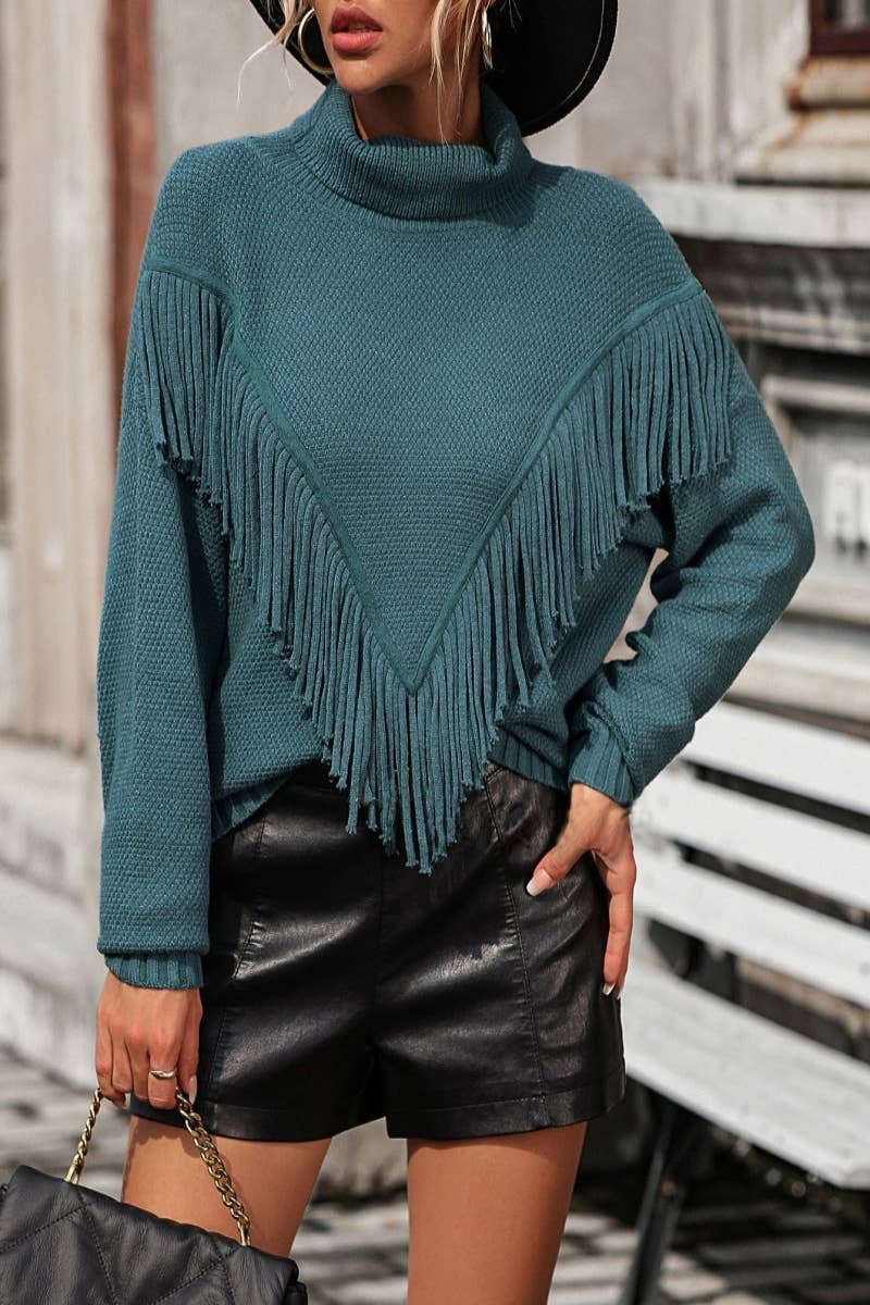CWOSWL604 Turtle neck Fringe Tassel Pullover Sweater