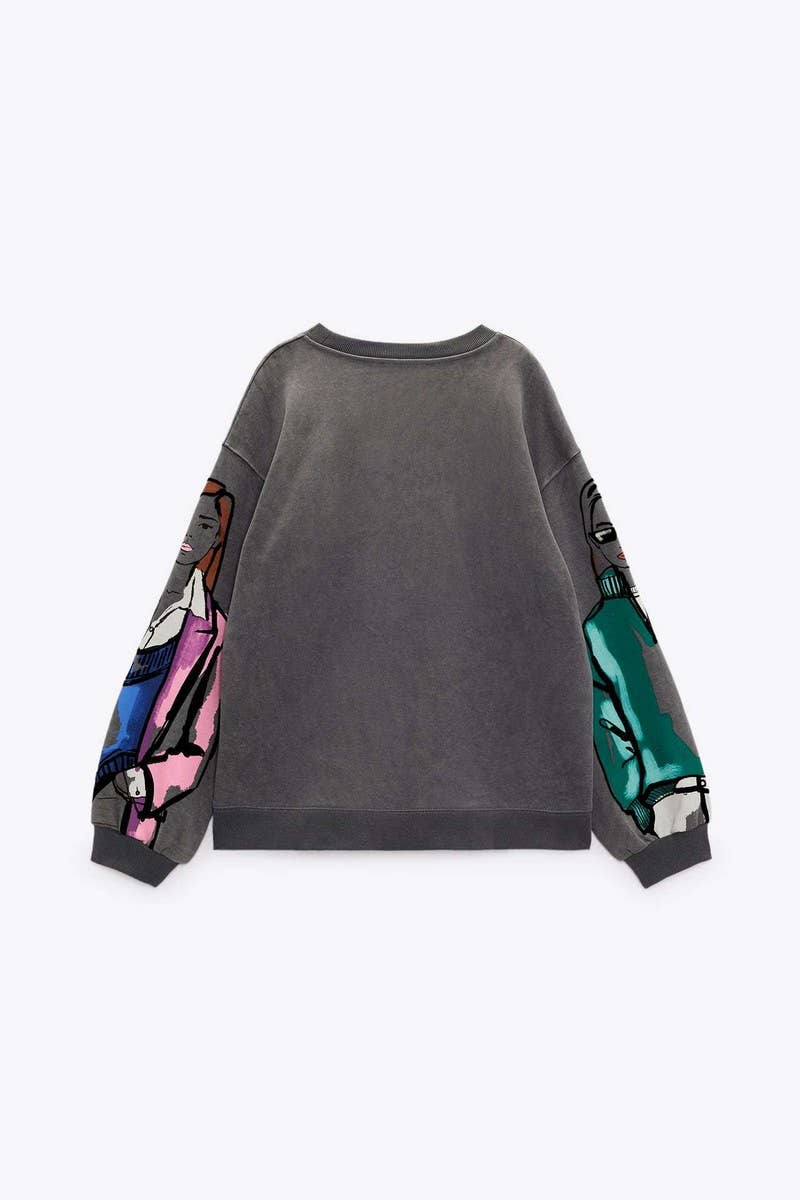 CWTBLL1575_ROUND NECK LOOSE PRINT SWEATSHIRT WITHOUT HOOD