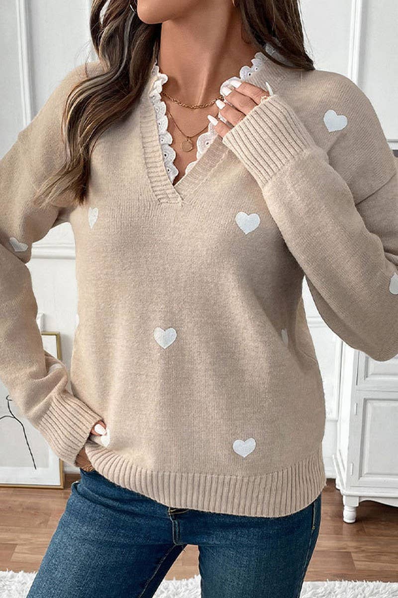 CWOSWL5921_HEART SHAPED V NECK LACE TRIM PULLOVER