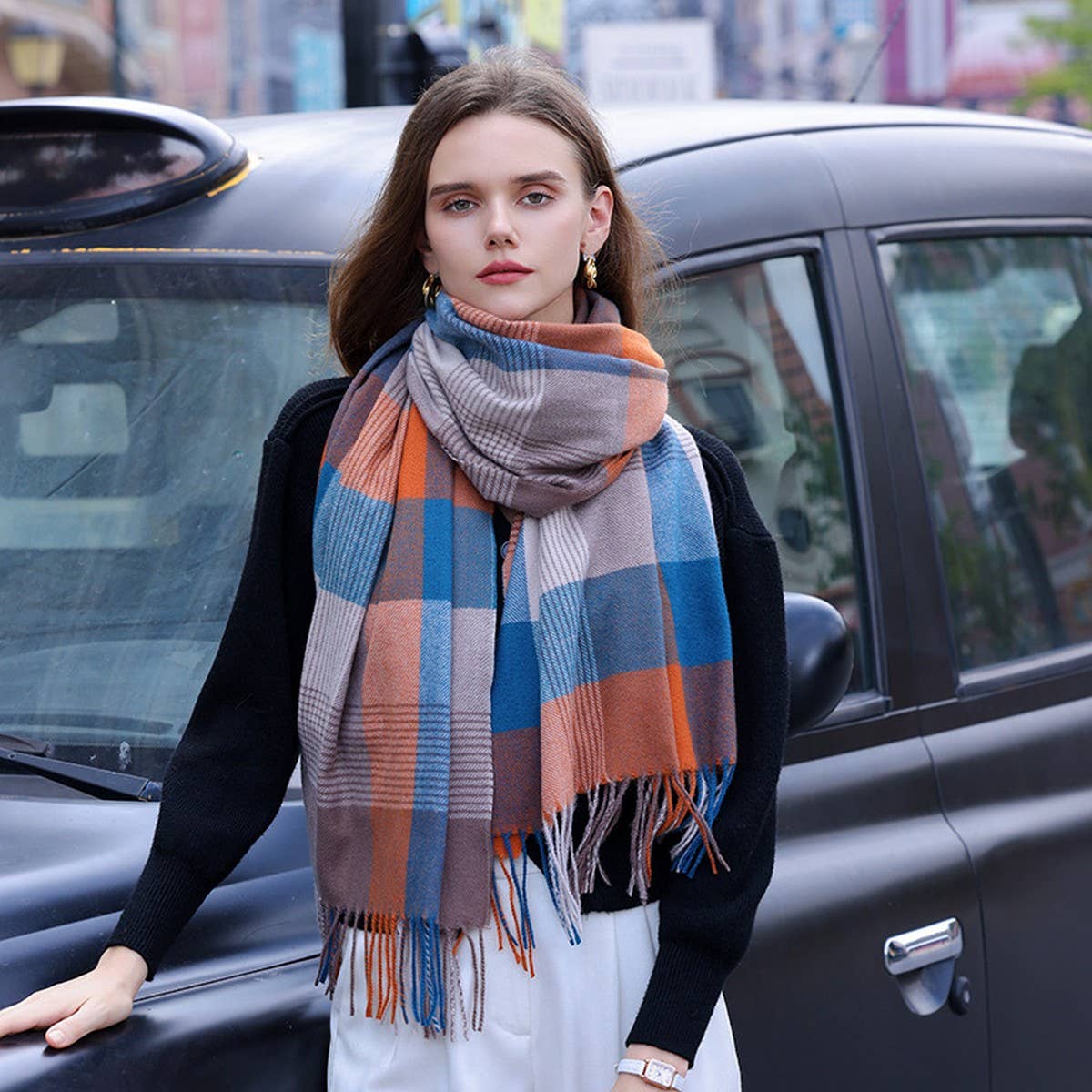WOMEN WINTER TARTAN WITH FRINGE PLAID SCARVES