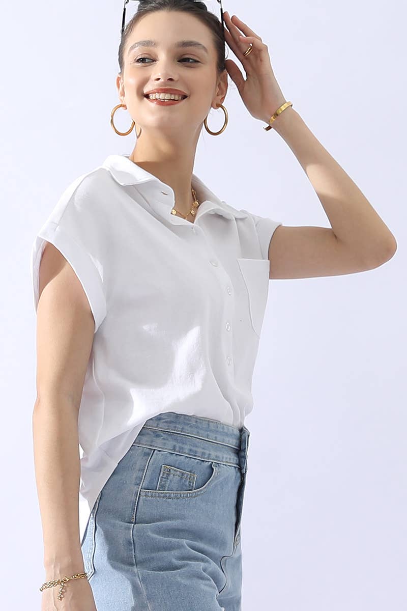 CWTTS698_JOHNNY COLLARS BUTTON CLOSER SHORT SLEEVE TOP