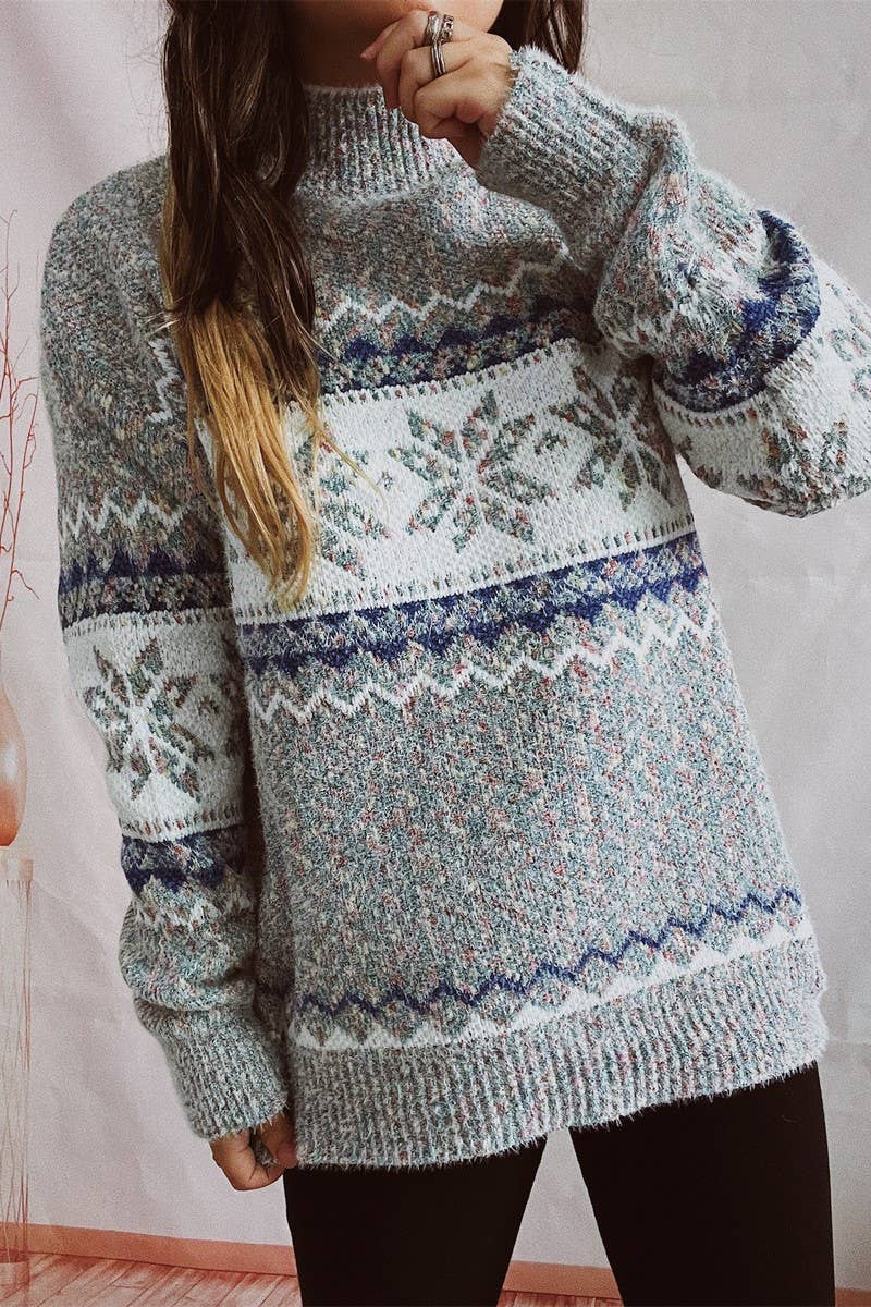 Chenille snowflake jacquard half turtleneck sweater