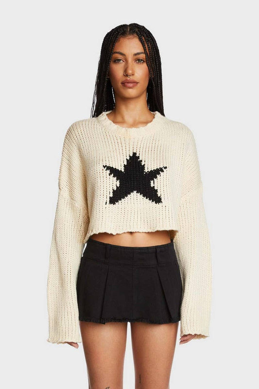 CWOSWL5747_ROUND NECK FIVE-POINTED STAR SHORT KNIT TOP
