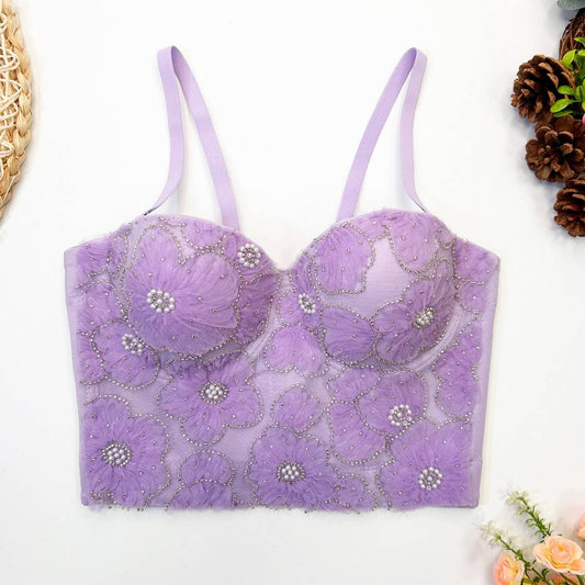LACE EMBROIDERED FLOWER HERRINGBONE CORSET