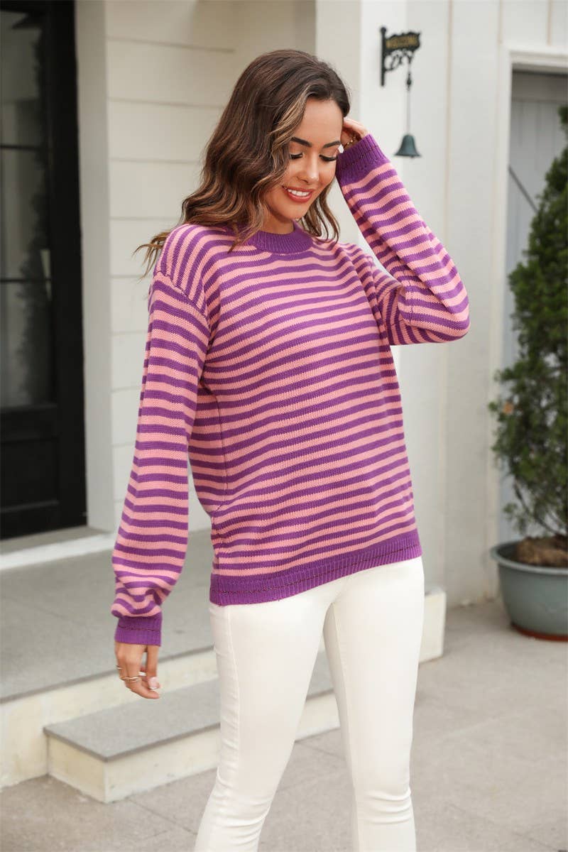 CWOSWL1689_Crew Neck Long Sleeve Striped Pullover Sweater