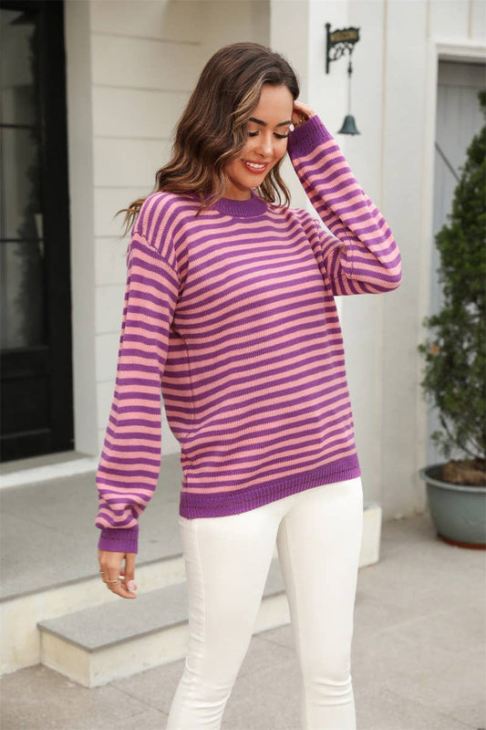 CWOSWL1689_Crew Neck Long Sleeve Striped Pullover Sweater