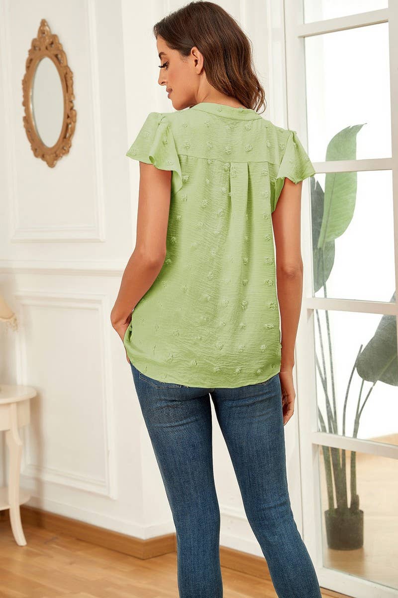 CWTBLS0606_V-NECK RUFFLED SLEEVE CHIFFON SHORT-SLEEVED TOP