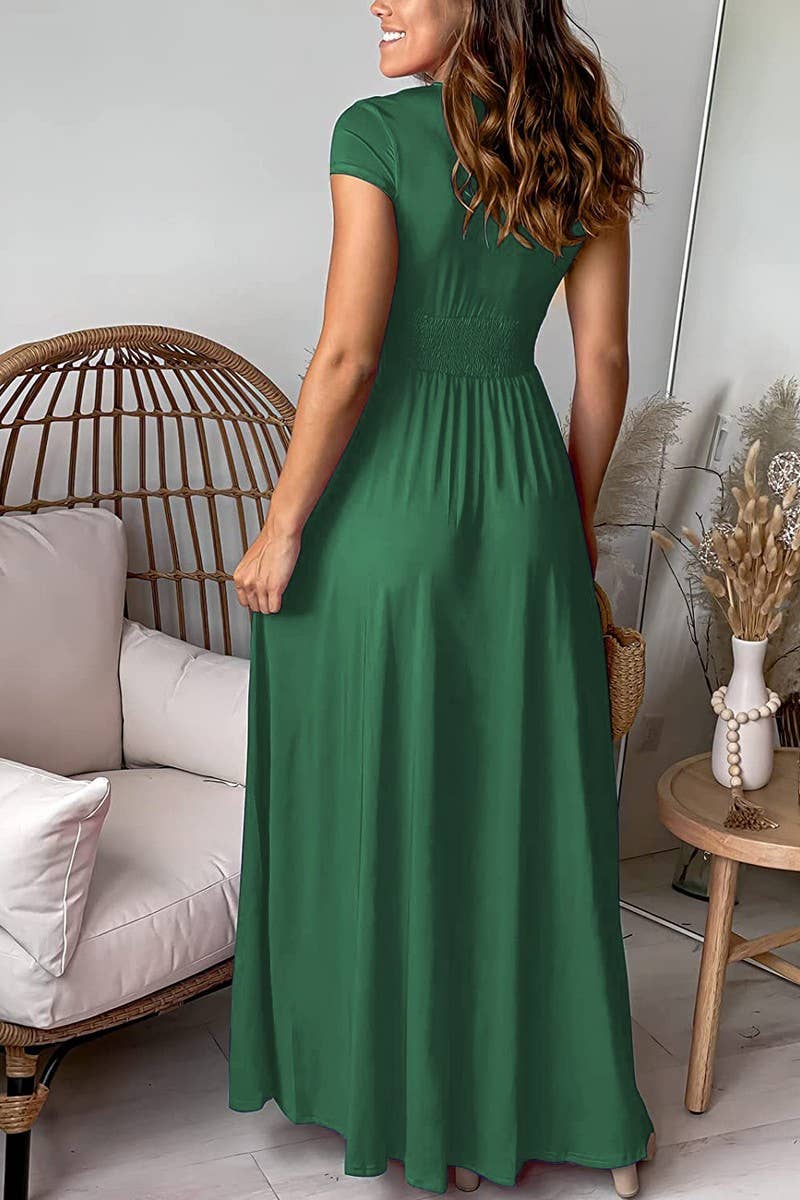 CWDMD5878_DEEP V NECK RUCHED SPLIT SHORT SLEEVE DRESS