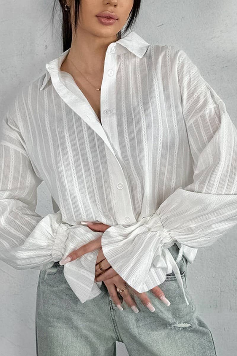 CWTSTL2610_JACQUARD TIE BELL SLEEVE SHIRT TOP