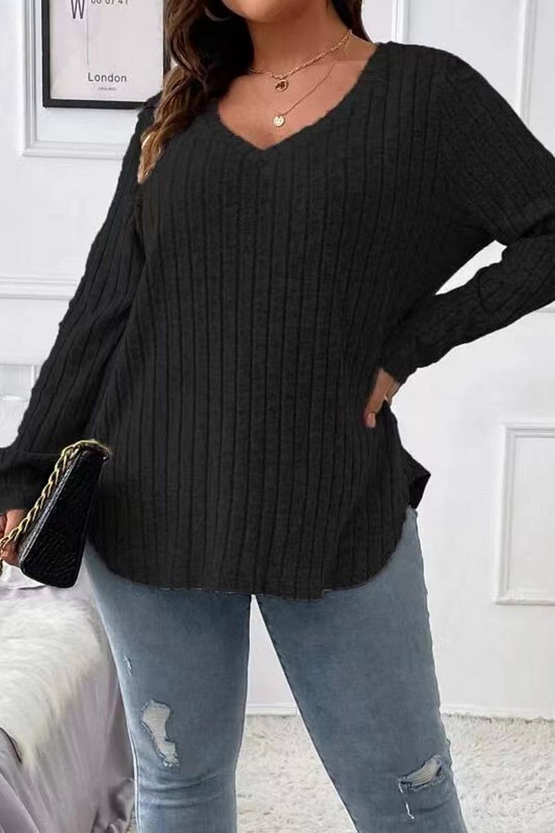 CWTTL1961_SPRING AND AUTUMN V-NECK LARGE SIZE RIBBED TOP