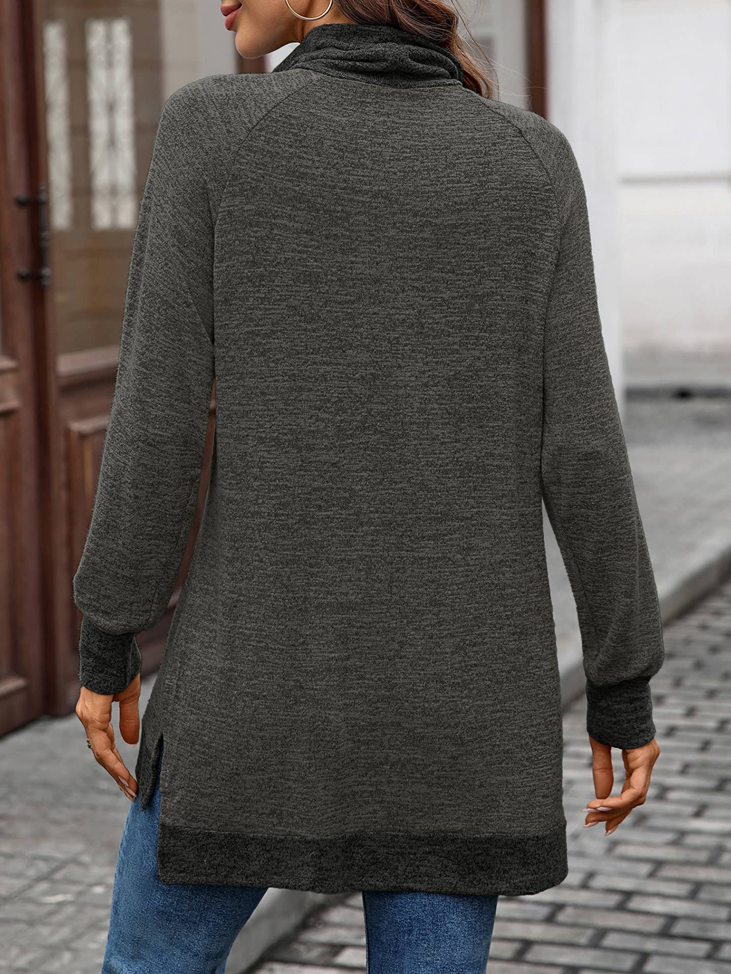 Color-blocking high-neck loose long-sleeved Top