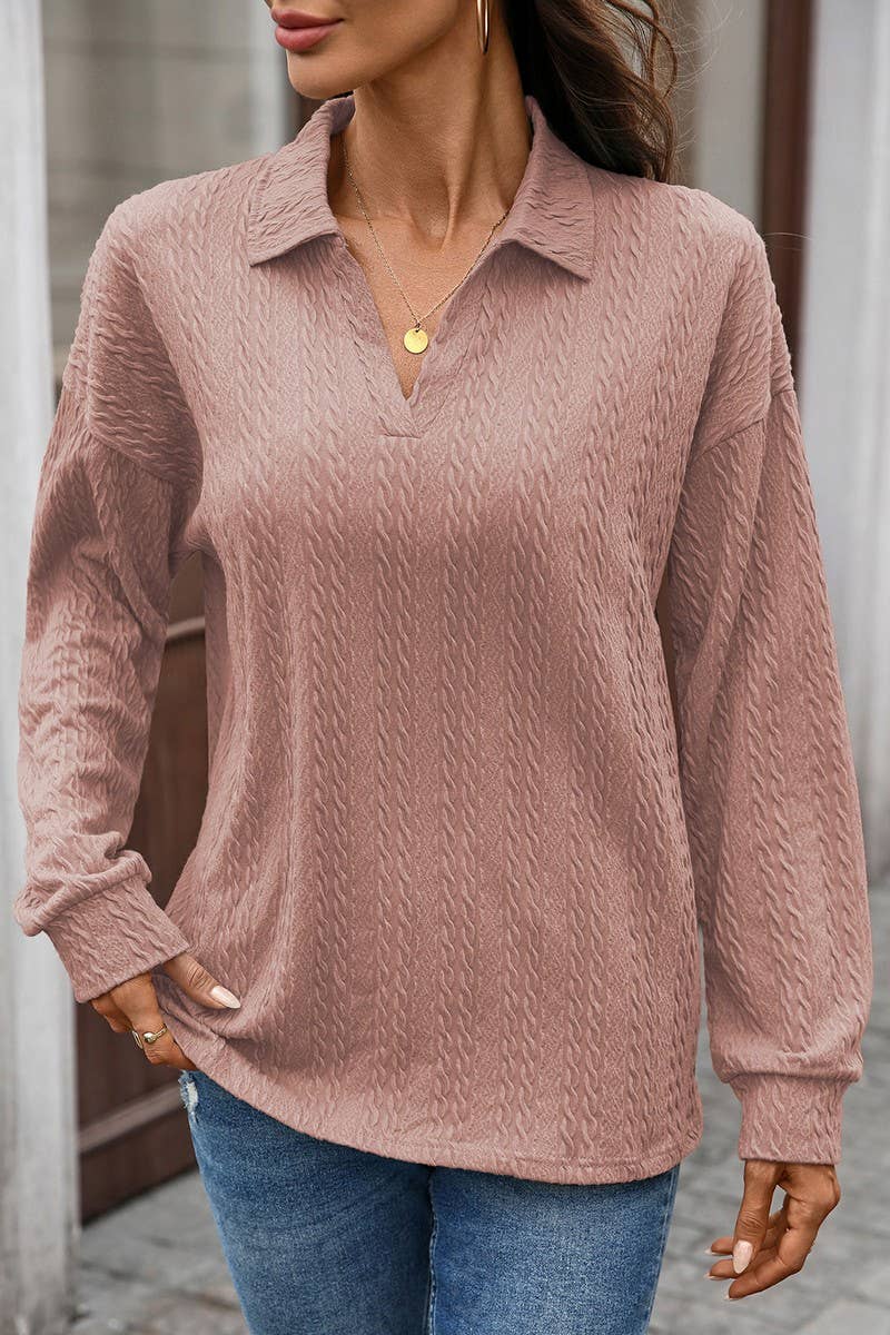 CWTBLL01307_V NECK CABLE KNIT SOLID LONG SLEEVE TEE