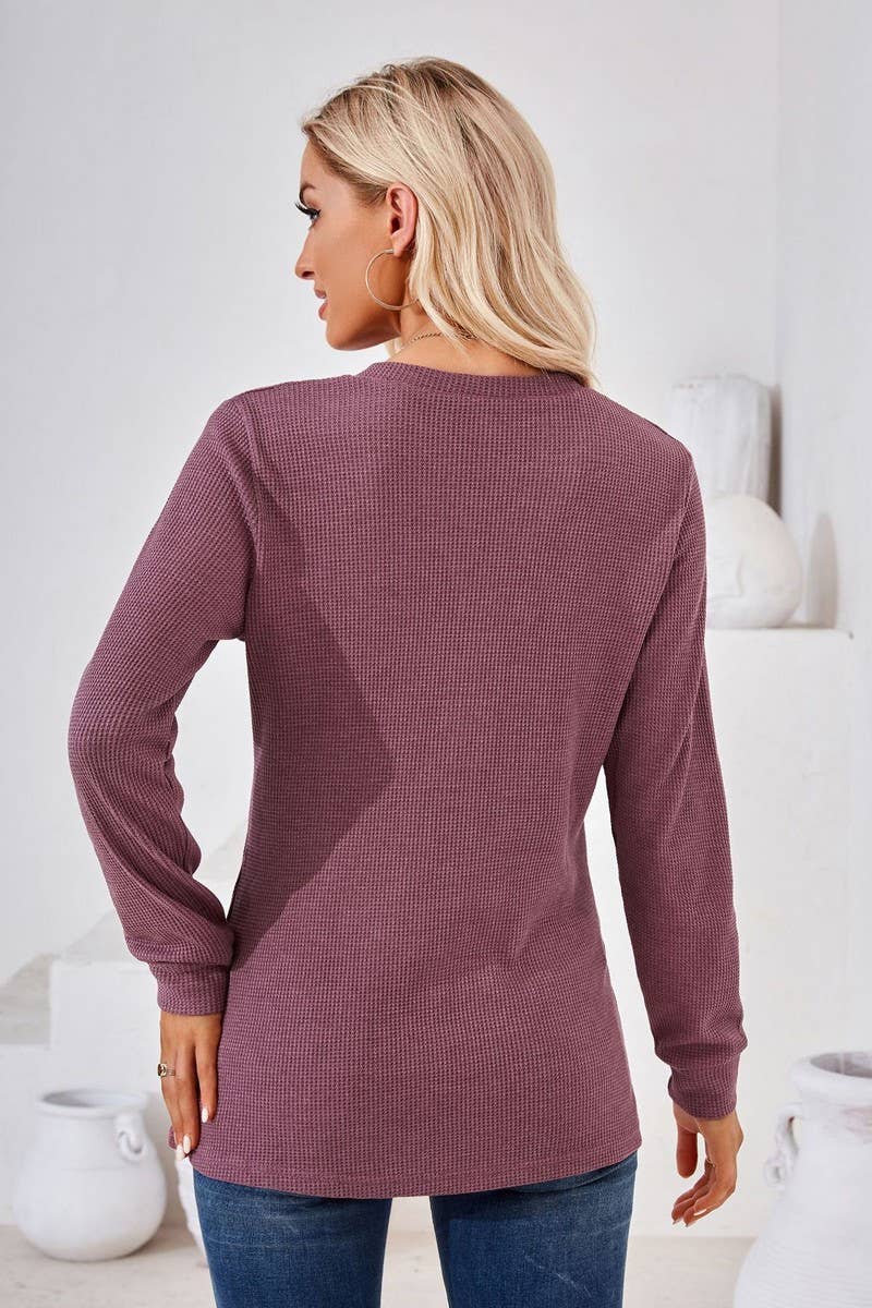 CWTBLL01312_V NECK BUTTON SOLID LONG SLEEVE LOOSE TEE