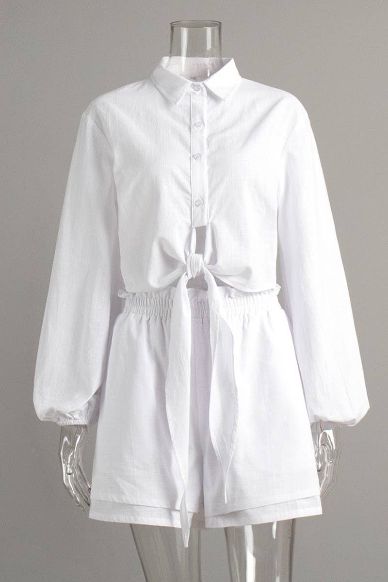 CWSTB1811_COTTON PUFF SLEEVE TOP & PLEATED SHORTS SET