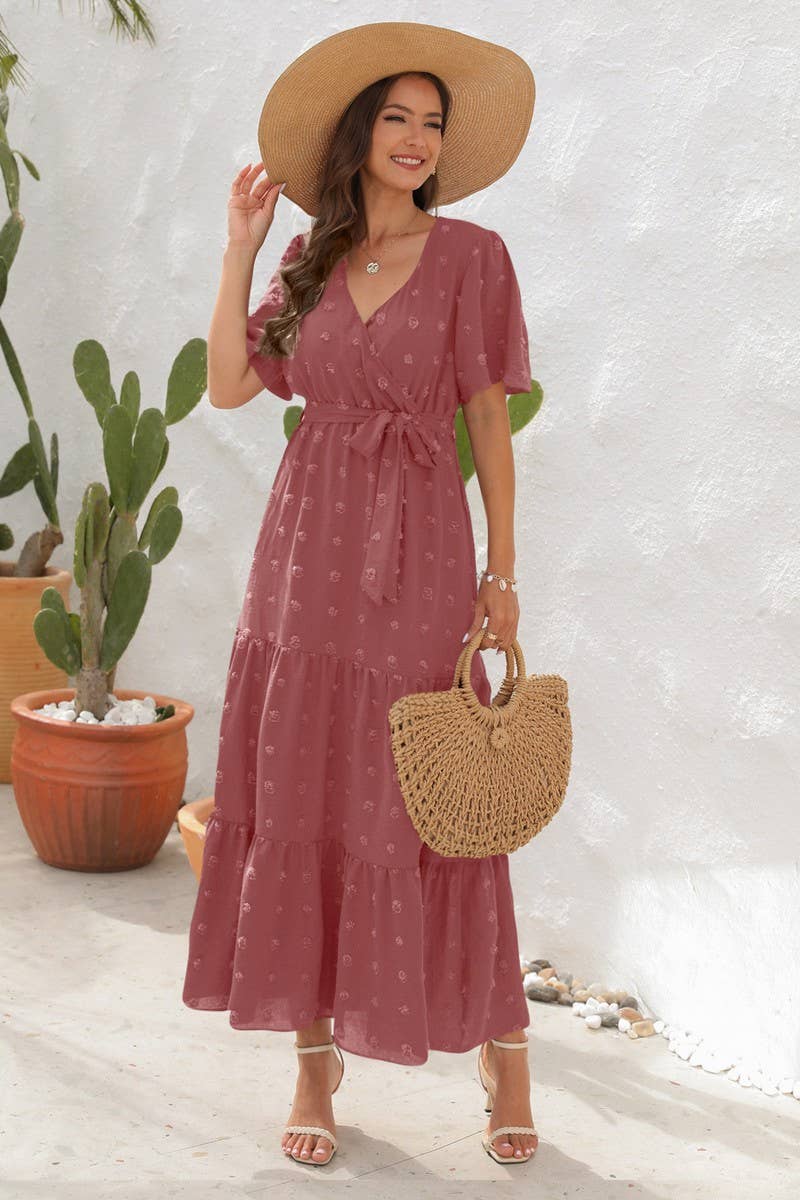CWDMD2150_V NECK HIGH WAISTED SHORT SLEEVED LONG DRESS