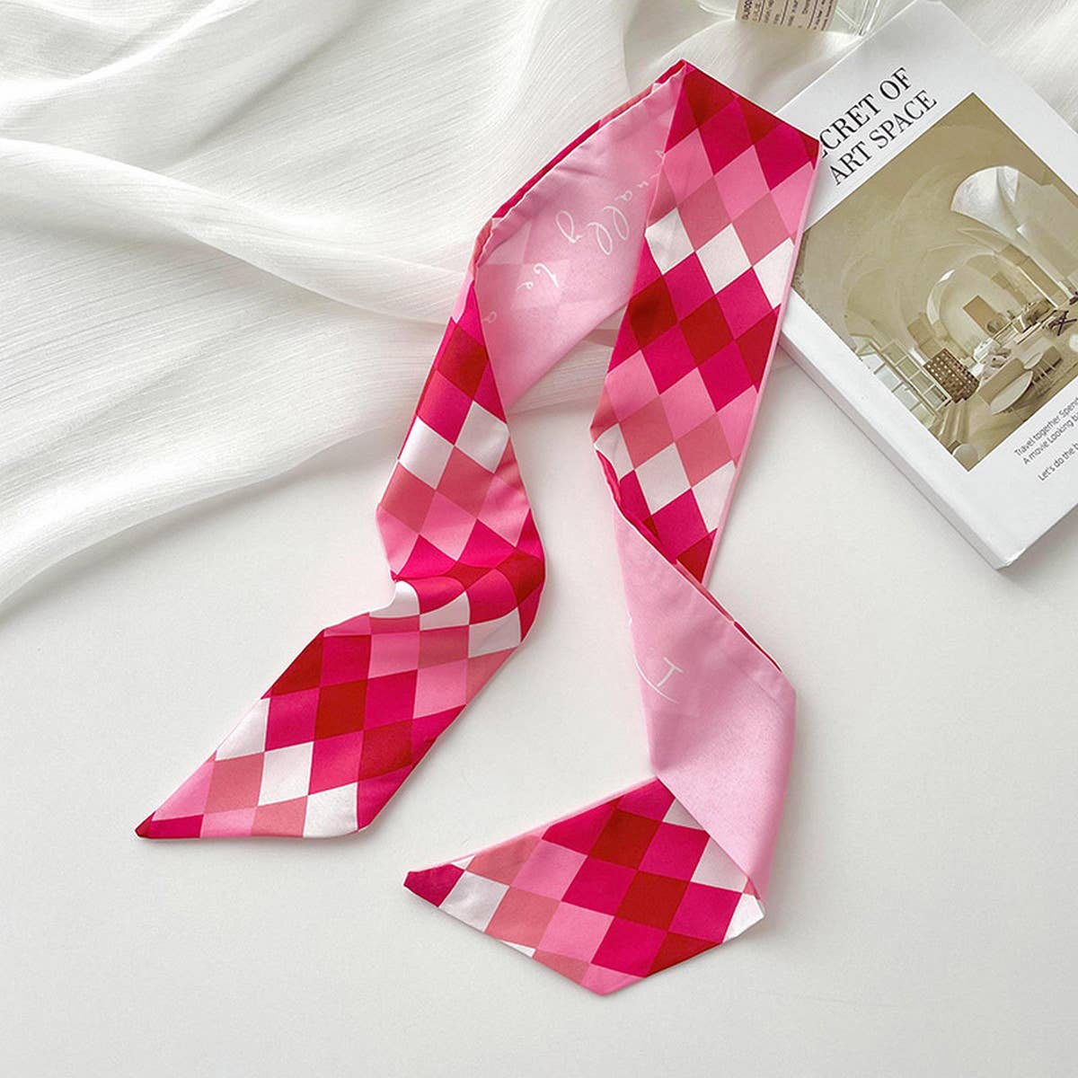 Pink Floral Skinny Scarf ??Hair Tie & Bag Ribbon_CWASC0708