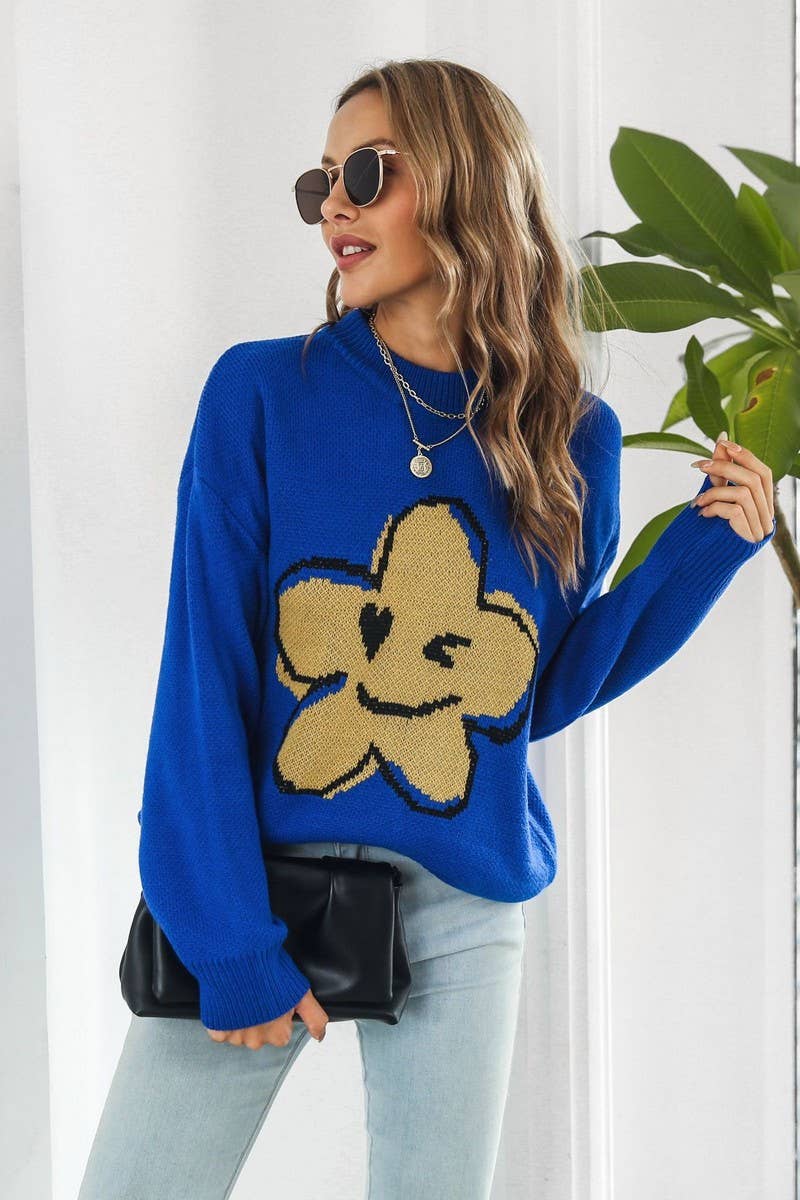 CWOSWL4070_FLOWER SMILEY FACE JACQUARD KNIT SWEATER