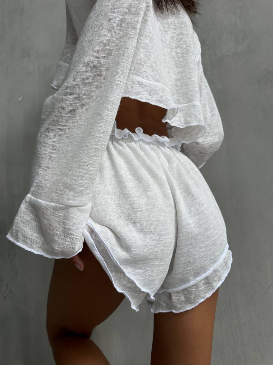 Cardigan lace-up shorts long-sleeved suit