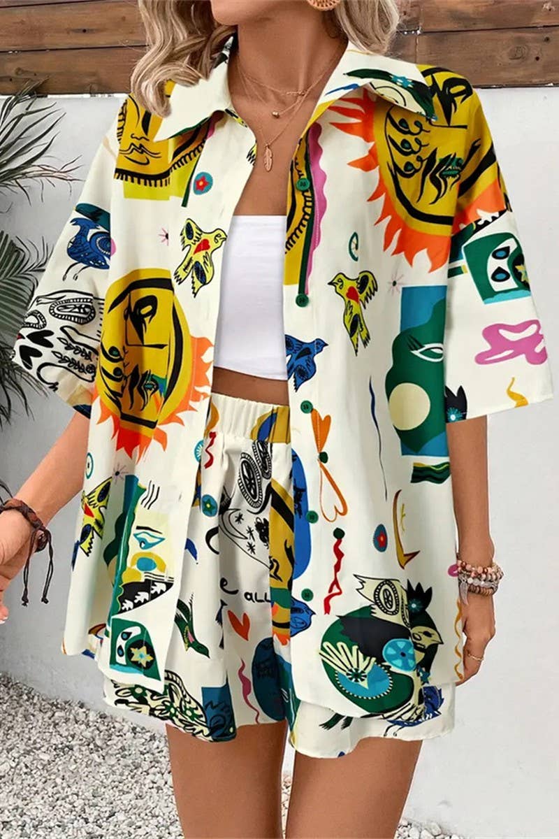 CWSS1119_CONTRAST COLOR CASUAL GRAFFITI PRINT TWO-PIECE