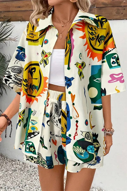 CWSS1119_CONTRAST COLOR CASUAL GRAFFITI PRINT TWO-PIECE