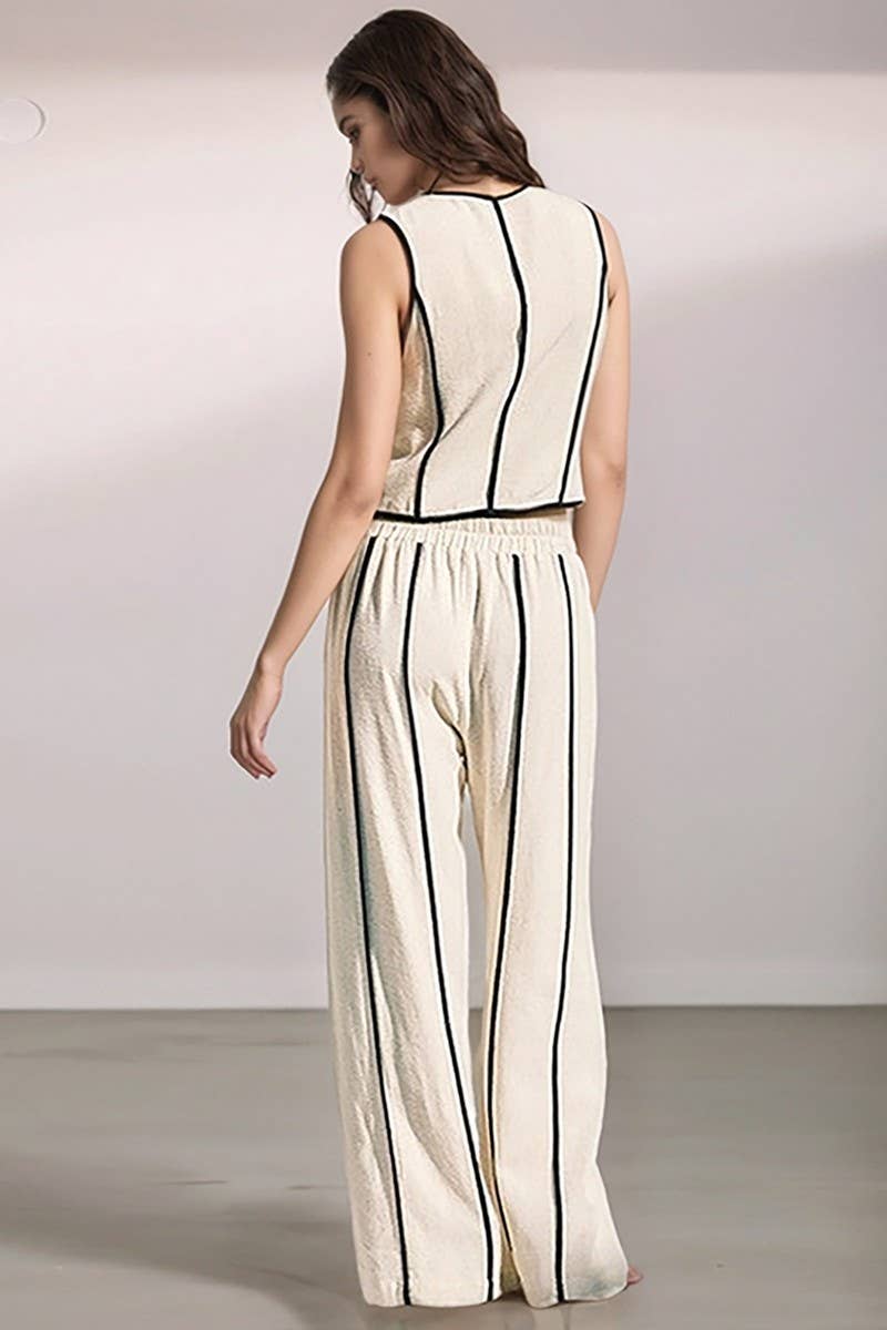 CWSTB2158_STRIPED SLEEVELESS VEST & WIDE-LEG PANTS SET