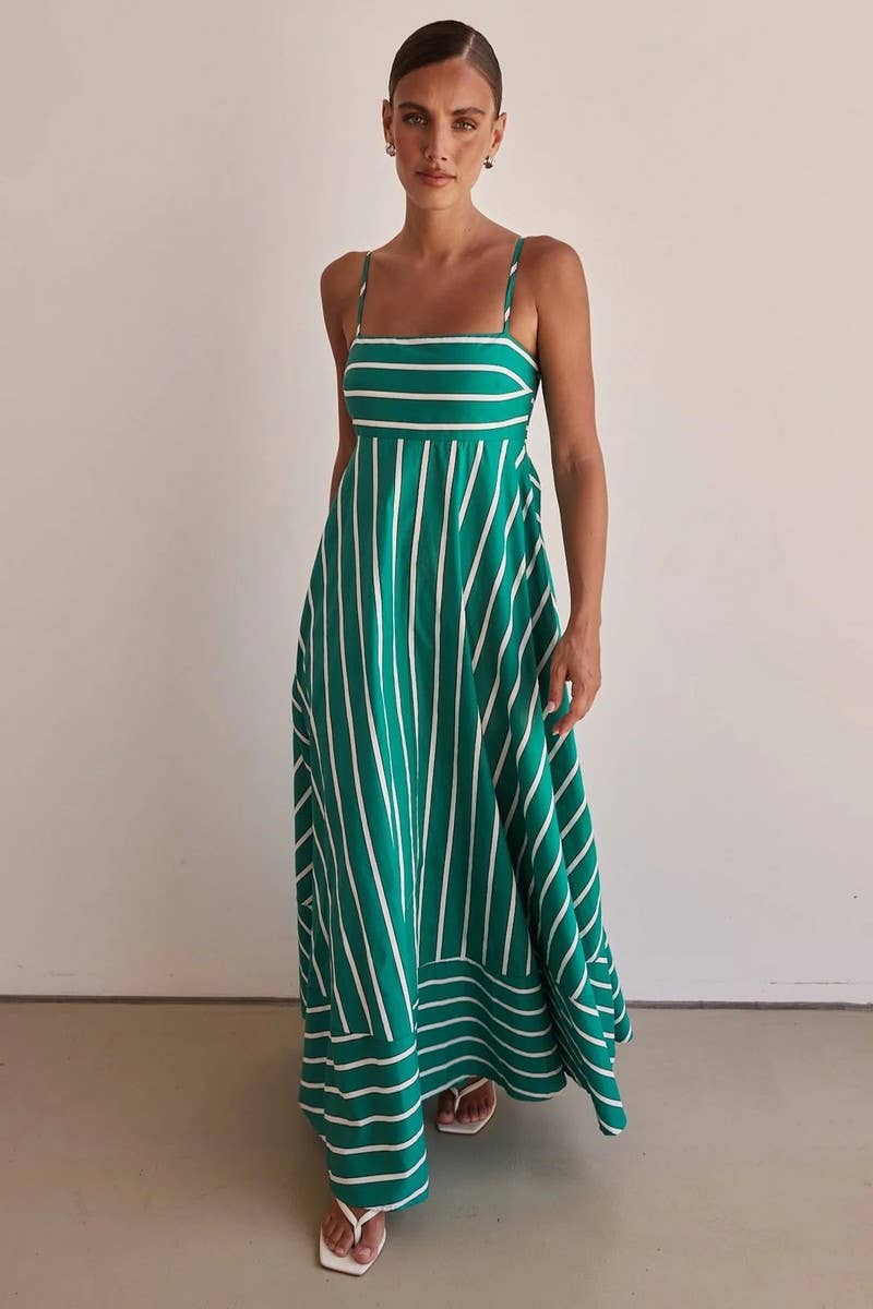 CWDMD5180_STRIPED BACKLESS FLARED A-LINE SUNDRESS