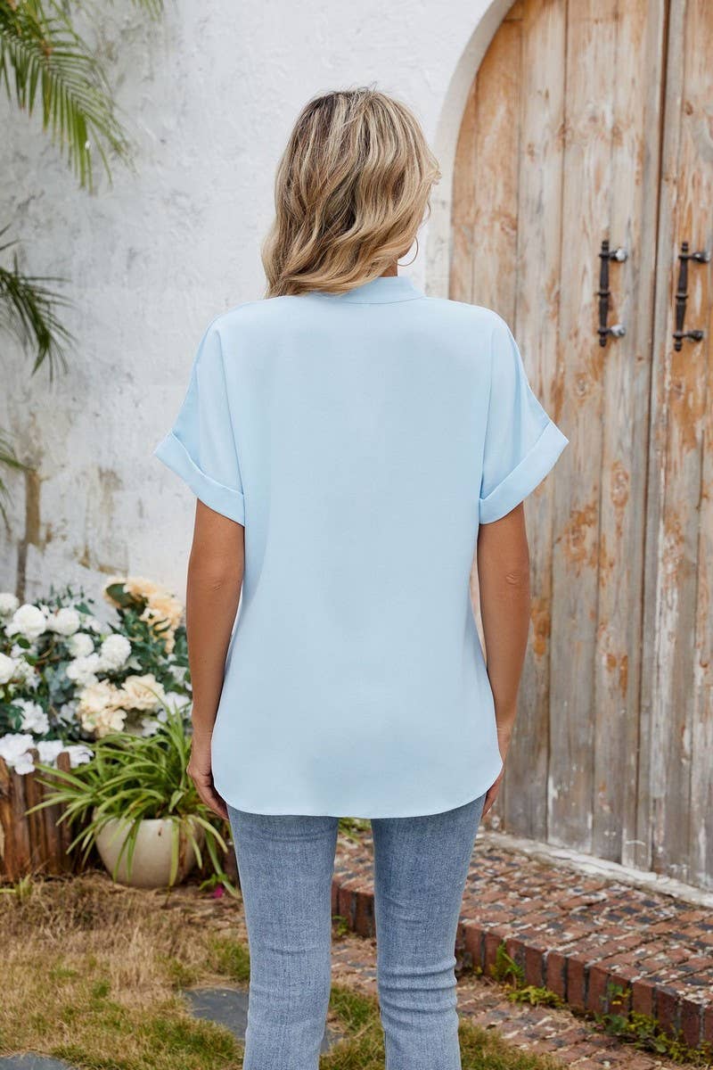 CWTBLS2280_SOLID V-NECK BUTTON DOWN CASUAL SHIRT TEE TOP