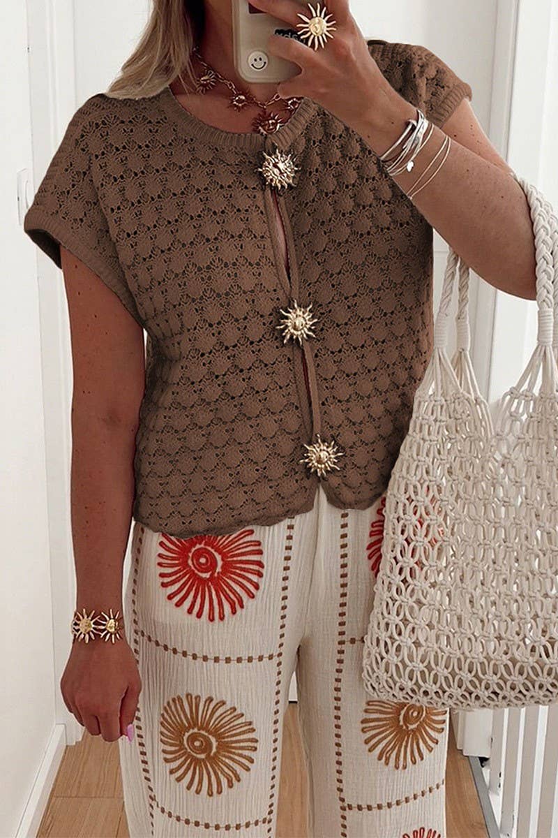 CWOSWS00155_SOLID HOLLOW OUT SHORT SLEEVE KNIT TOP