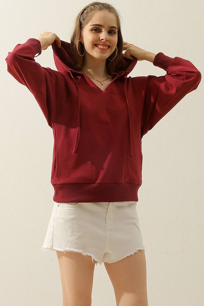CWOHOL446_V NECK COTTON HOOIDE SWEATSHIRT CASUAL TOP