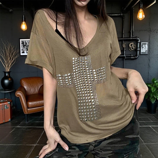 Cross copper embossed casual V-neck loose Top