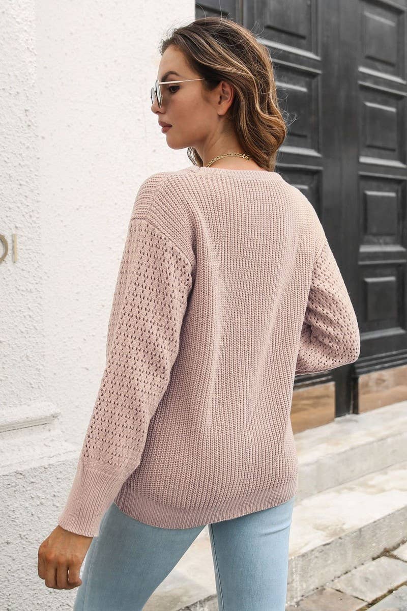 CWOSWL4150_SOLID COLOR HOLLOW SLEEVE KNITTED SWEATER