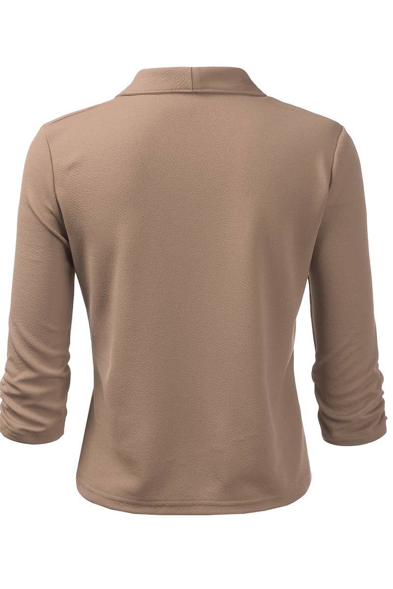 CWOBL091_Casual Work Ruched 3/4 Slv Open Front Blazer Jacket