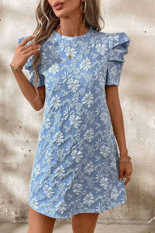 CWDSD8263_TEXTURED JACQUARD PUFF SLEEVE VINTAGE DRESS