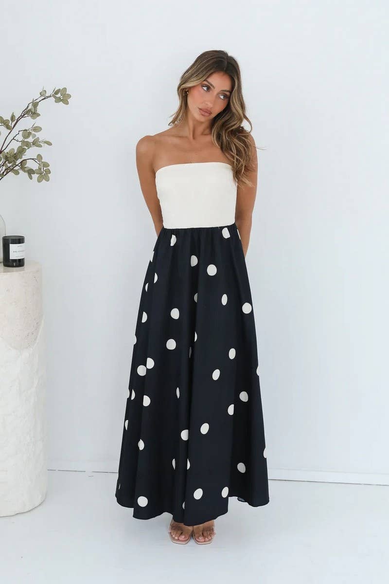 CWDMD5846_POLKA DOT PRINT PATCHWORK WRAP DRESS