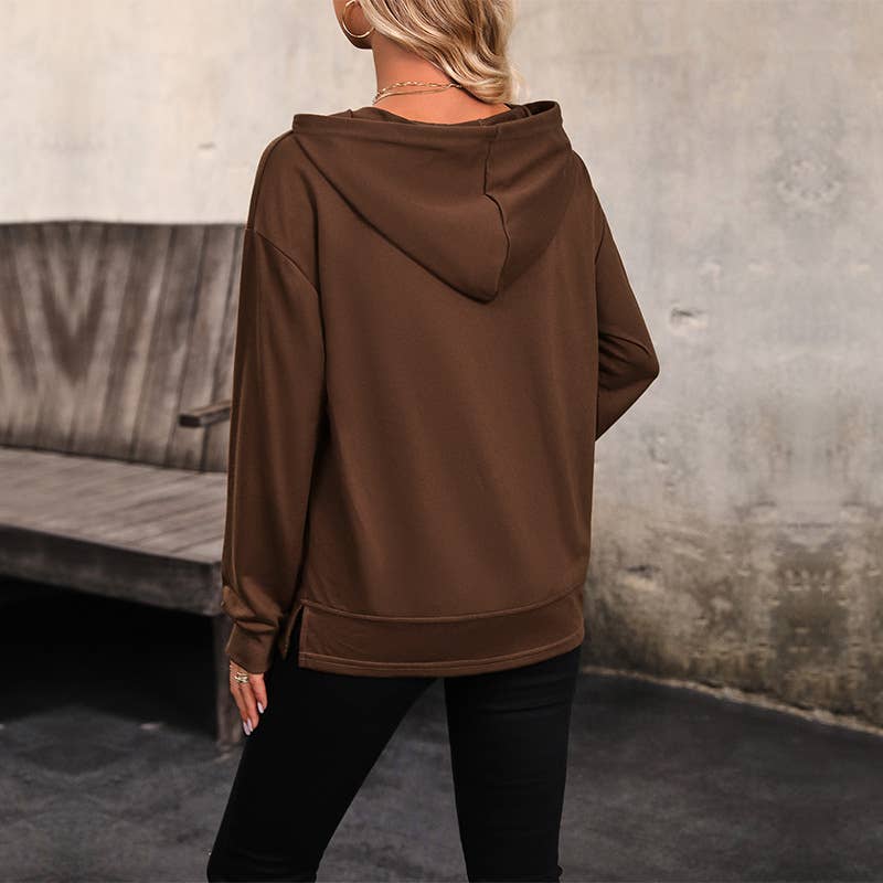 CASUAL WOMEN'S SOLID COLOR POCKET HOODIE