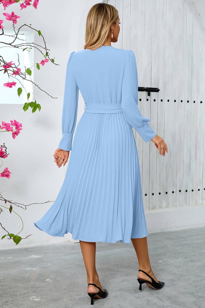CWDMD3997_V-NECK PLEATED BELTED A-LINE MAXI DRESS