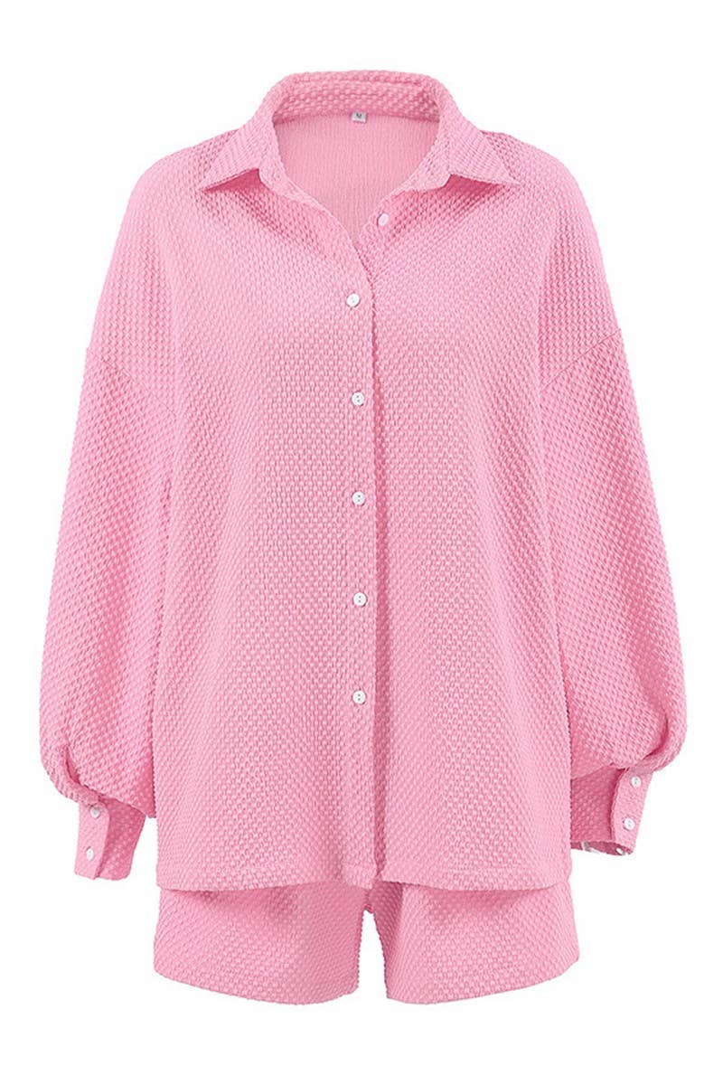 CWSPJ0195_PINK JACQUARD SHIRT SHORTS PAJAMAS HOMEWEAR SET