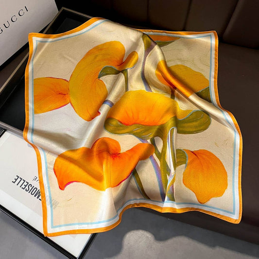 Silk Ribbon Scarf - Orange Floral Long Neck Wrap