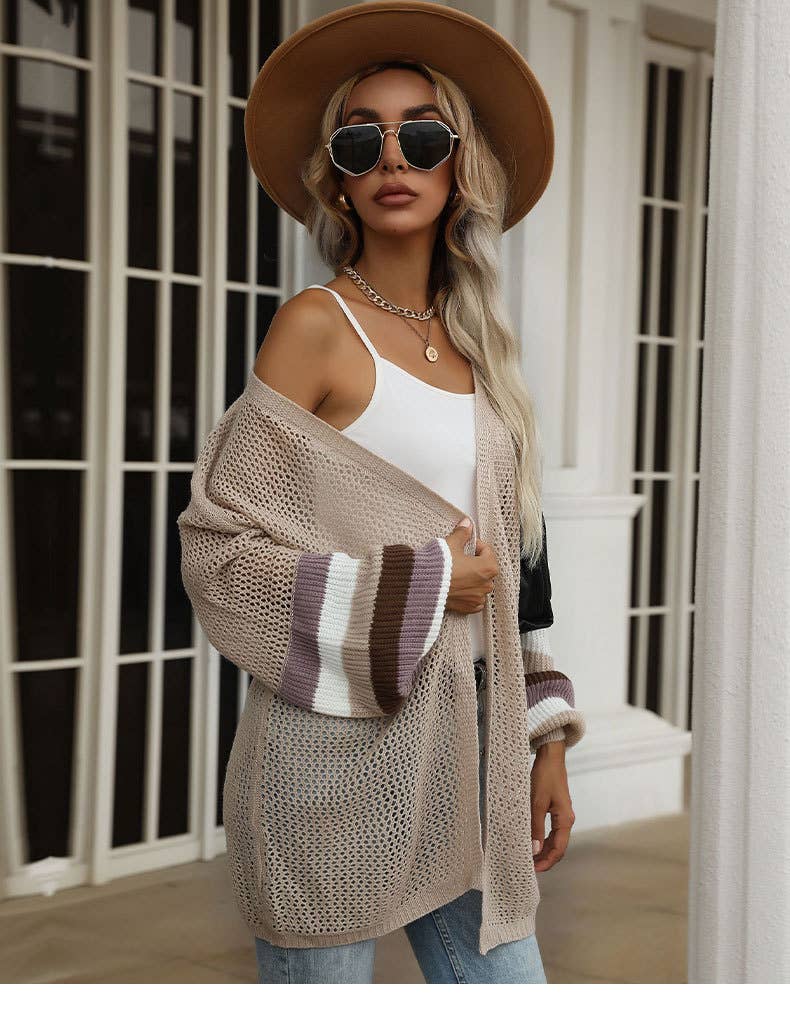 Color matching hollow breathable sweater jacket