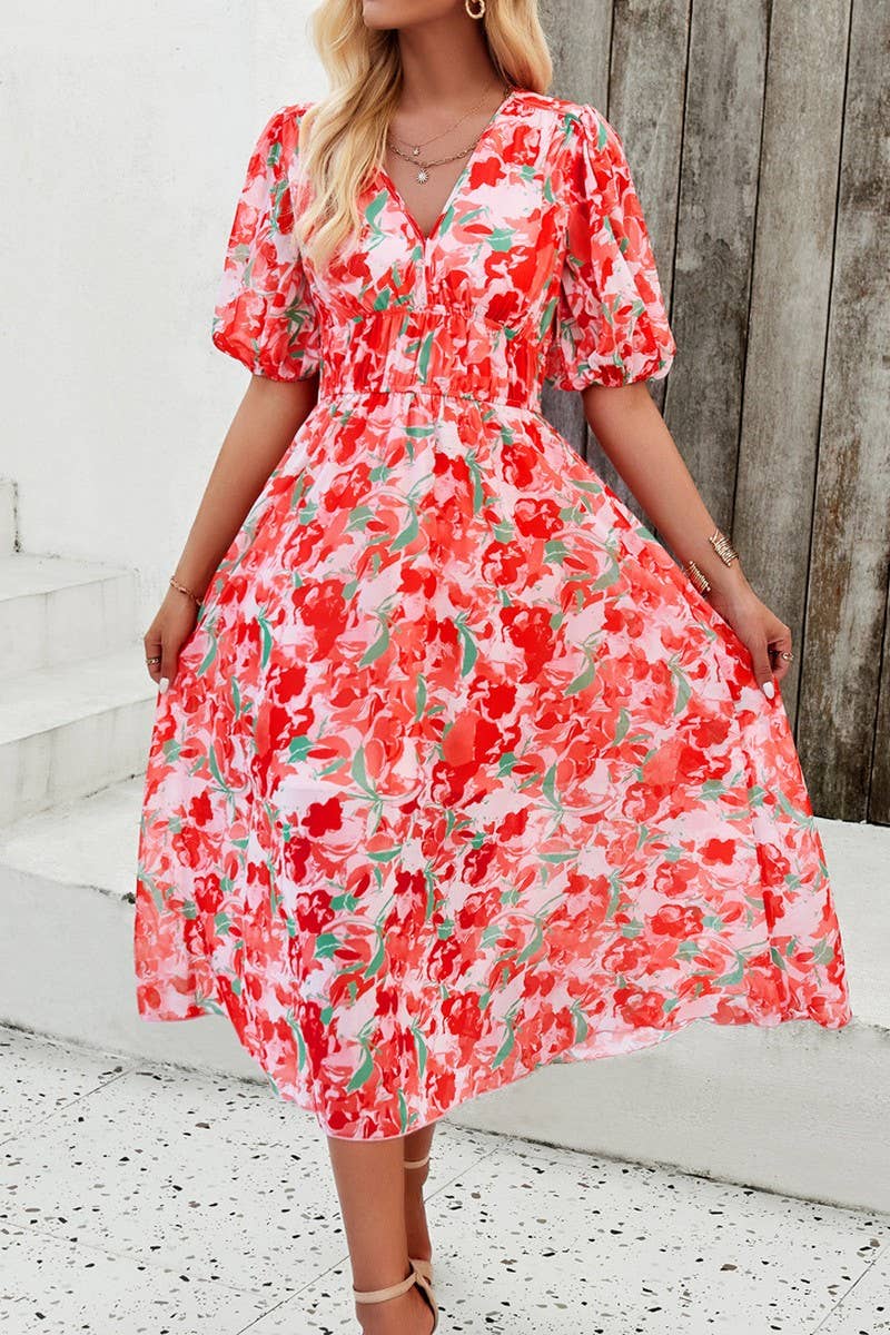 CWDMD0995_Deep V-Neck Short Sleeve Floral Print Midi Dresses