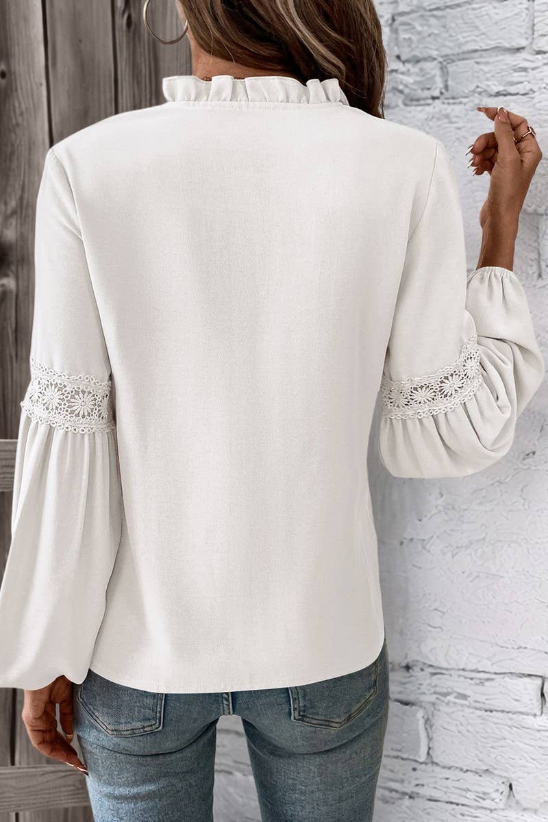 CWTBLL00727_LACE V NECK LONG SLEEVE SOLID PLEATED BLOUSE
