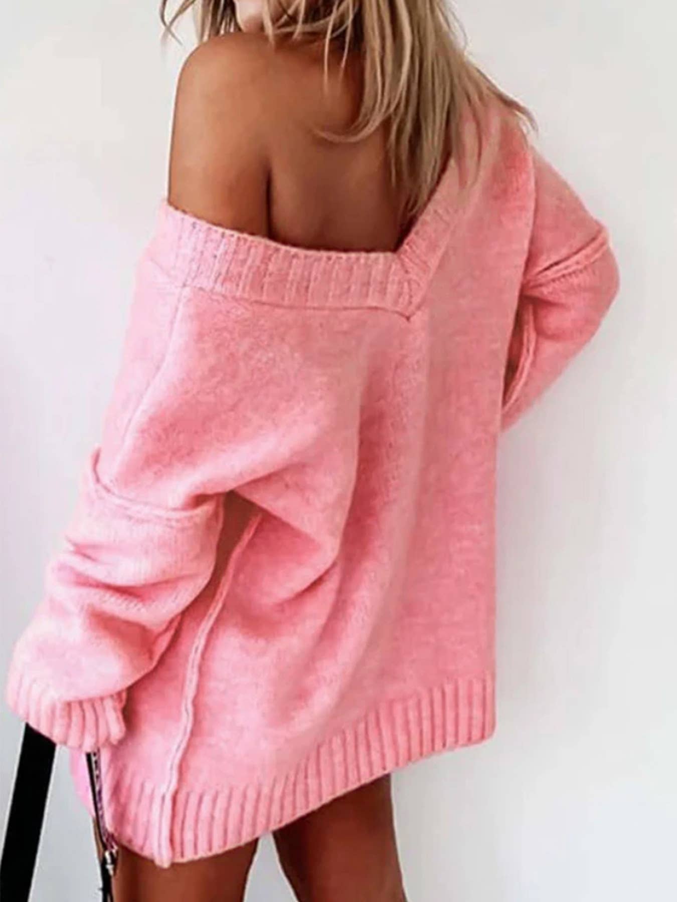 Casual loose solid-color V-neck pullover sweater
