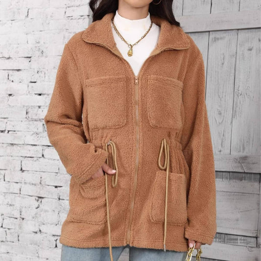 BAGGY POCKETS ZIP-UP LAPEL CARDIGAN FLEECE COAT