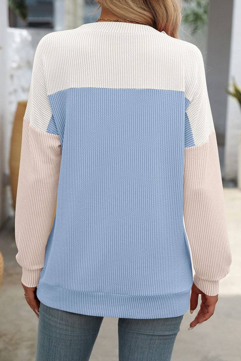 CWTBLL1490_ROUND NECK TWIST COLOR BLOCK LONG SLEEVE T-SHIRT