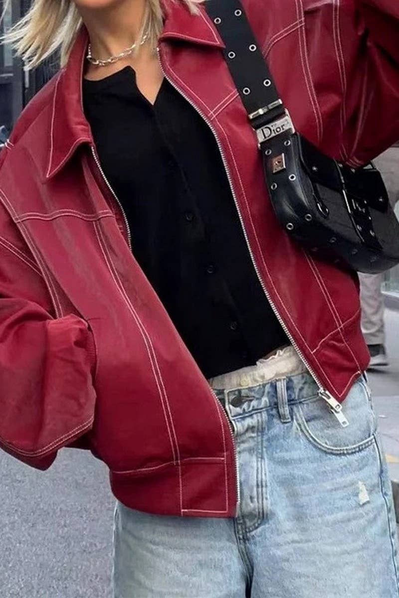 CWOJA0863_SOLID LOOSE FIT ZIP-UP MOTORCYCLE JACKET