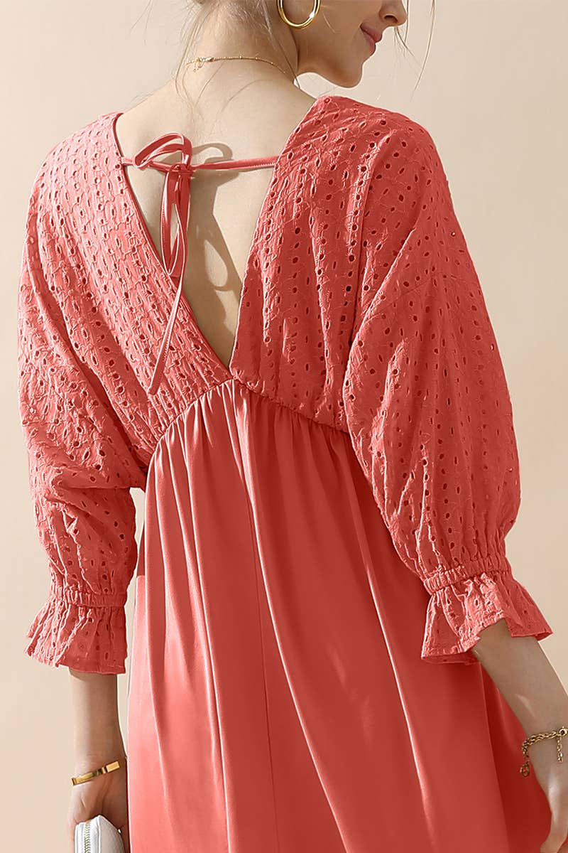 CWDMD795_3/4 SLEEVE V NECK LONG DRESS